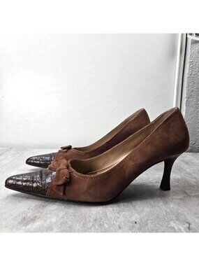 Pointed Toe Kitten Heel Pumps 8.5 Brown Suede Croc Dressy Old Money Heeled Shoes